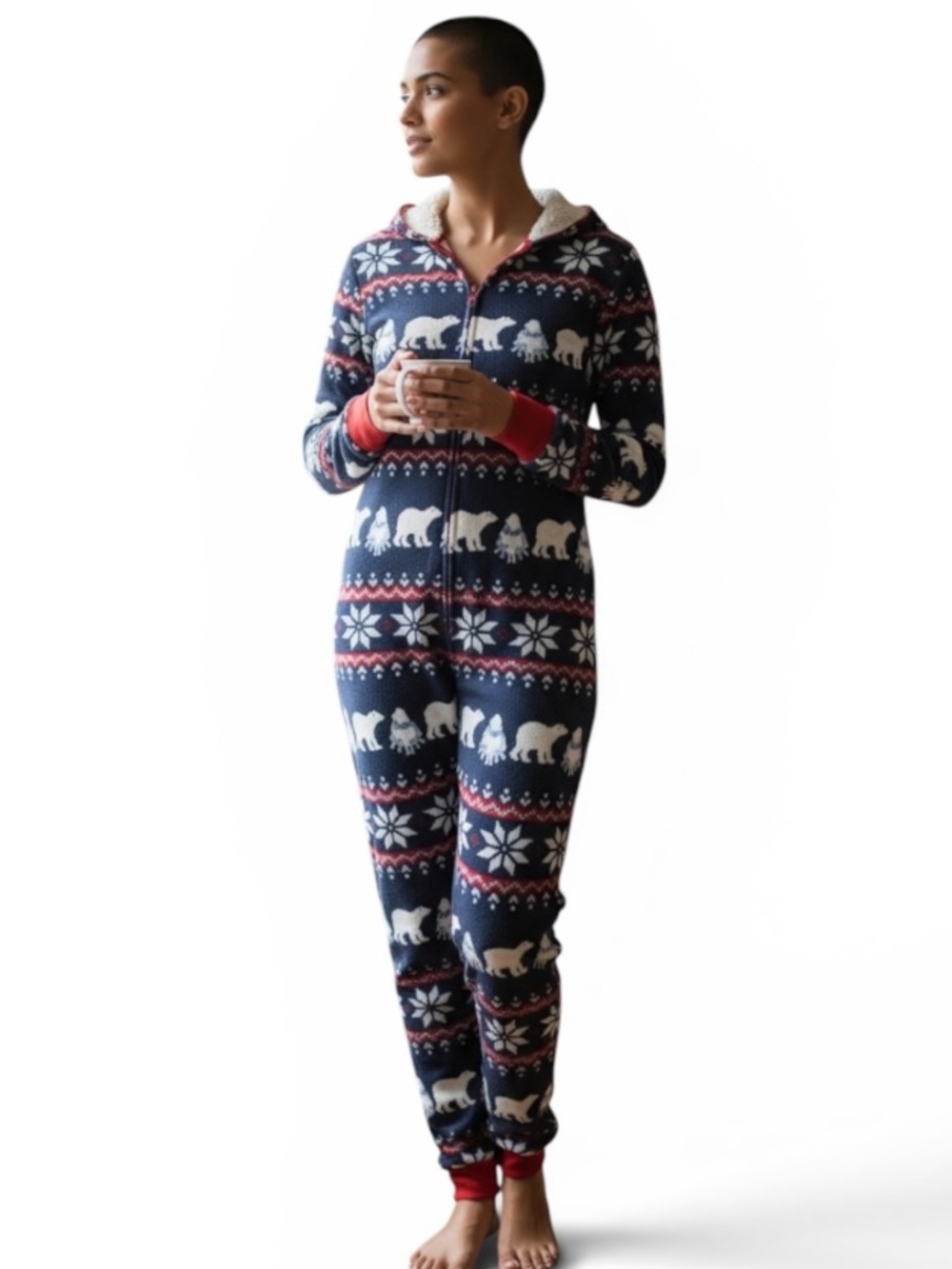 NEW Tipsy Elves Women’s Christmas Onesie Pockets Hooded Navy Blue Bears Medium